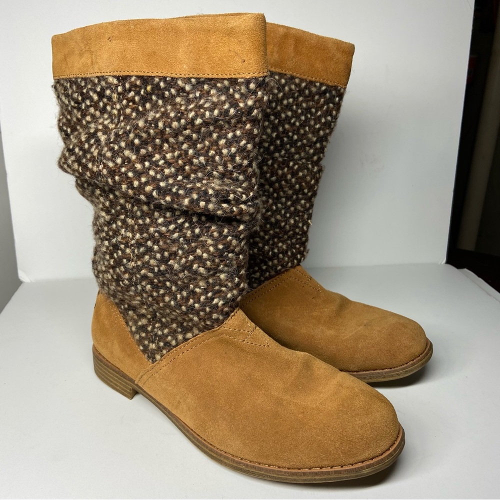 Toms Size 7 Slouchy Mid Calf Tan Leather Suede Serra Chestnut Boots